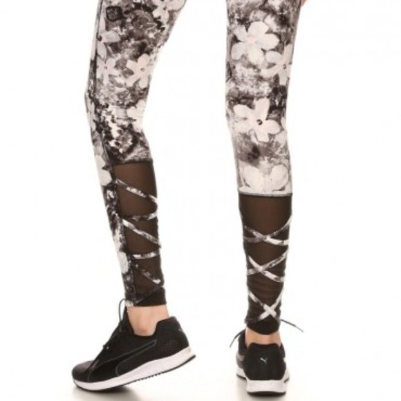 BLACK/GREY/PINK FLORAL MID-RISE LEGGING W/ STRAPPY MESH PANELS #7L18-02 - Picture 8 of 13